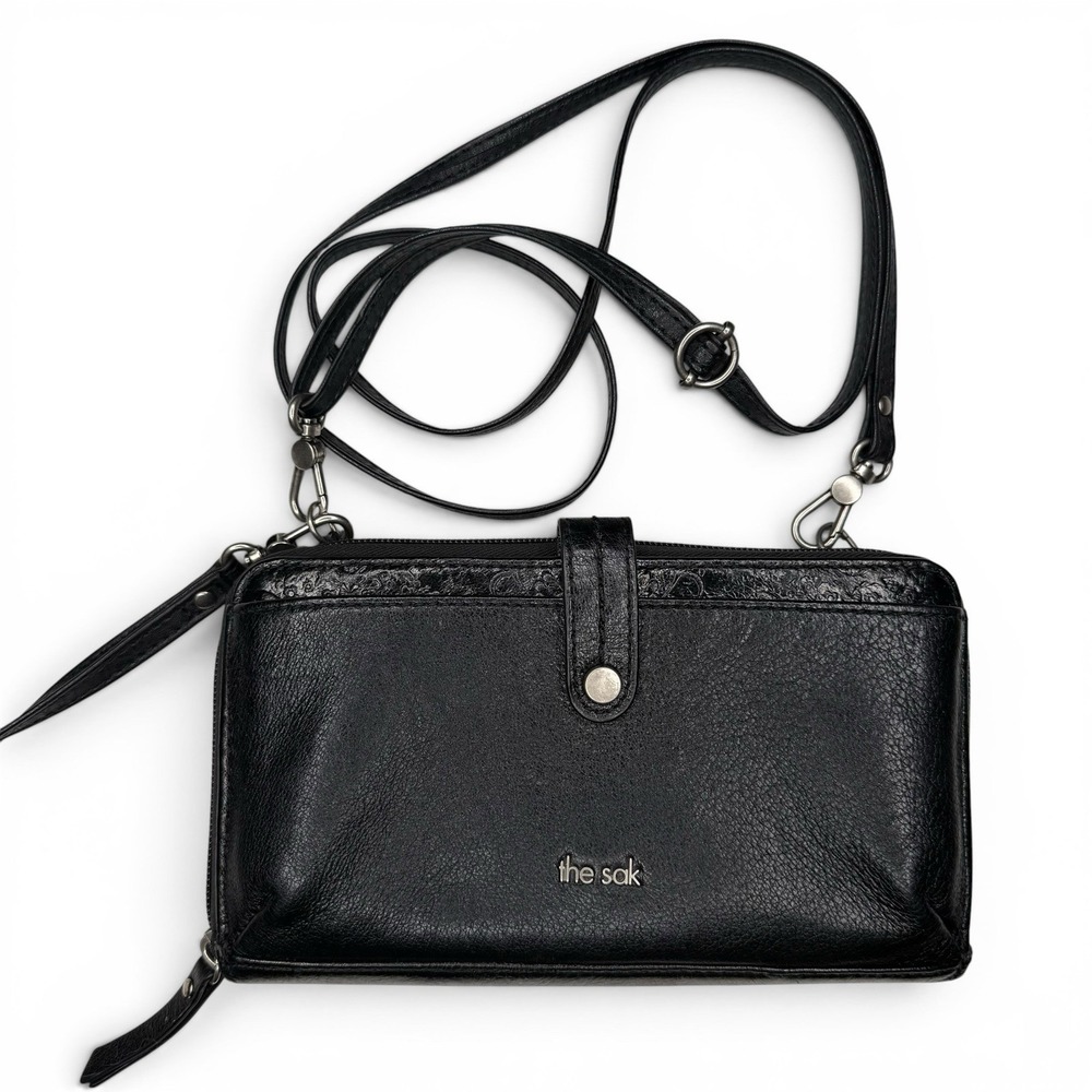 The‎ Sak Iris Smartphone 3 In 1 Crossbody Wristlet Wallet Black Leather Embossed